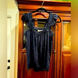 Navy tank top with eyelet trim + ruffled straps; Loft small; great condition